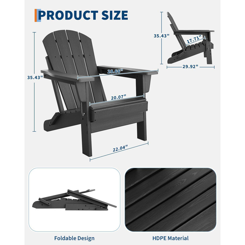 Folding HDPE Adirondack Chair, Weather-Resistant Outdoor Chair with Wood Texture, 380 lbs Capacity for Patio, Deck, Fire Pit, Poolside, Backyard