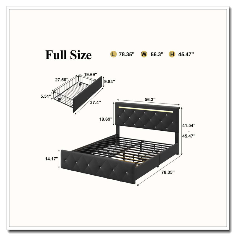 Bed Frame with LED Light and Storage Drawers, PU Upholstered Bed Frame with Adjustable Headboard, Black, Full
