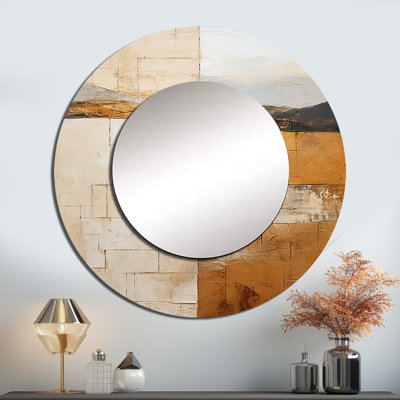 Beige et or, expression minimale - grand miroir de formes abstraites, décor de miroir mural rond beige unique, impression sur métal
