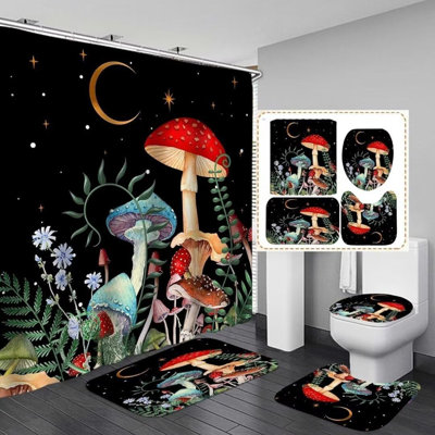 Mushroom Moon Shower Curtain Sets 4PCS Non-Slip Bath Mat Kit