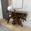 Teak Wood Handmade Live Edge Tree Stump Console Table with Clear Glass Top