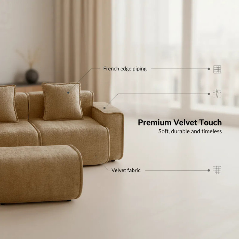 Streamlined Design Modular 3-Seater L-Shape Sectional Boneless Sofa with French Edge Piping, No Assembly Required Velvet Couch with Throw Pillows and Movable Ottoman
