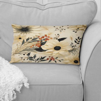 Motif de chrysanthèmes fleurs noires et beiges - Coussin imprimé floral