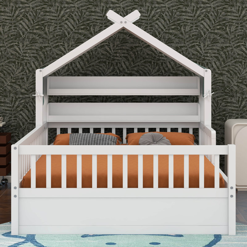 Lit plateforme House avec tablette de tête de lit et cadre de lit double en bois, Double, Blanc