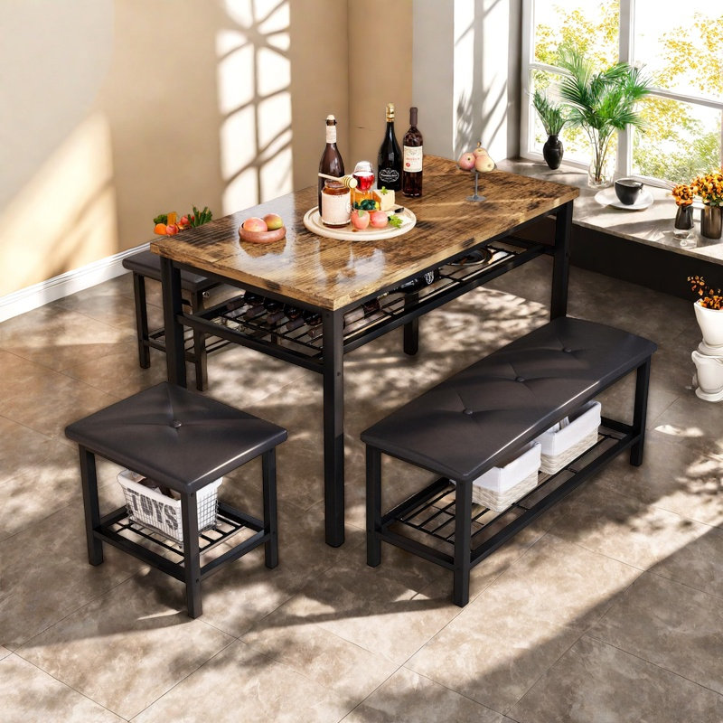 Table de salle à manger industrielle 4 pièces avec banc et tabourets, ensemble de table de salle à manger pour 4 personnes avec structure en métal et tablette de rangement pour la salle à manger, coin repas, petit espace