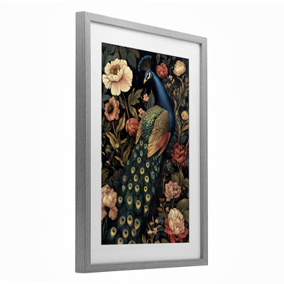 Vintage Peacock in Florals Framed Print Under Glass, design by Petal Prints Design