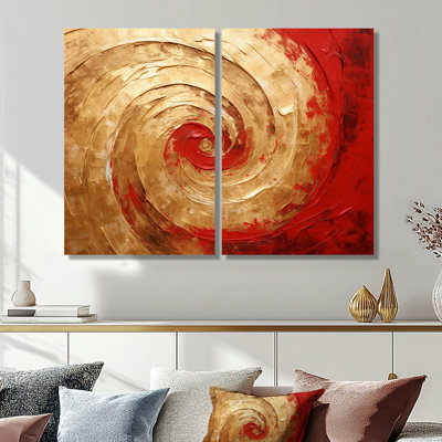 «Red Gold Fusion Spiral IV - Abstract Spirals», art mural 2 panneaux