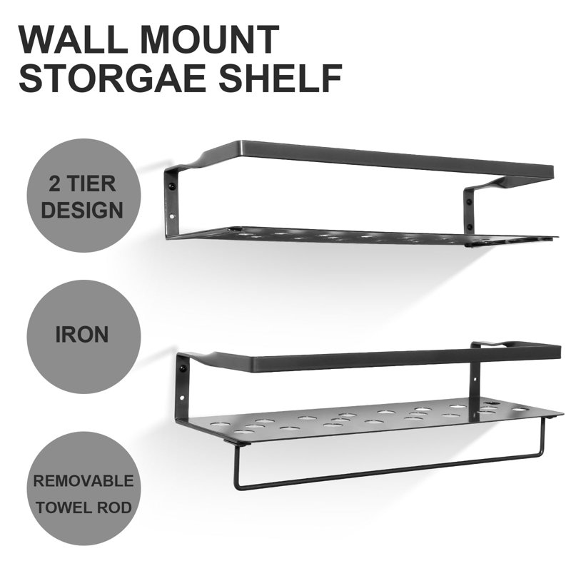 Gray Iron Floating Wall Shelves with Towel Bar, Set of 2