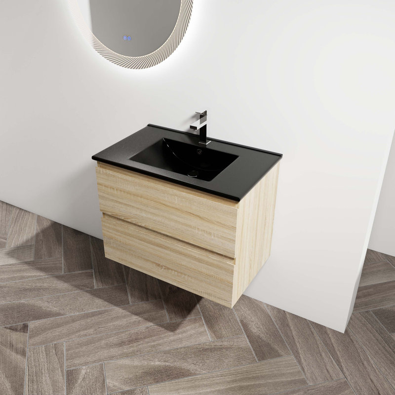 Meuble-lavabo mural avec lavabo en céramique noire, 2 tiroirs à fermeture en douceur, 30", Chêne clair