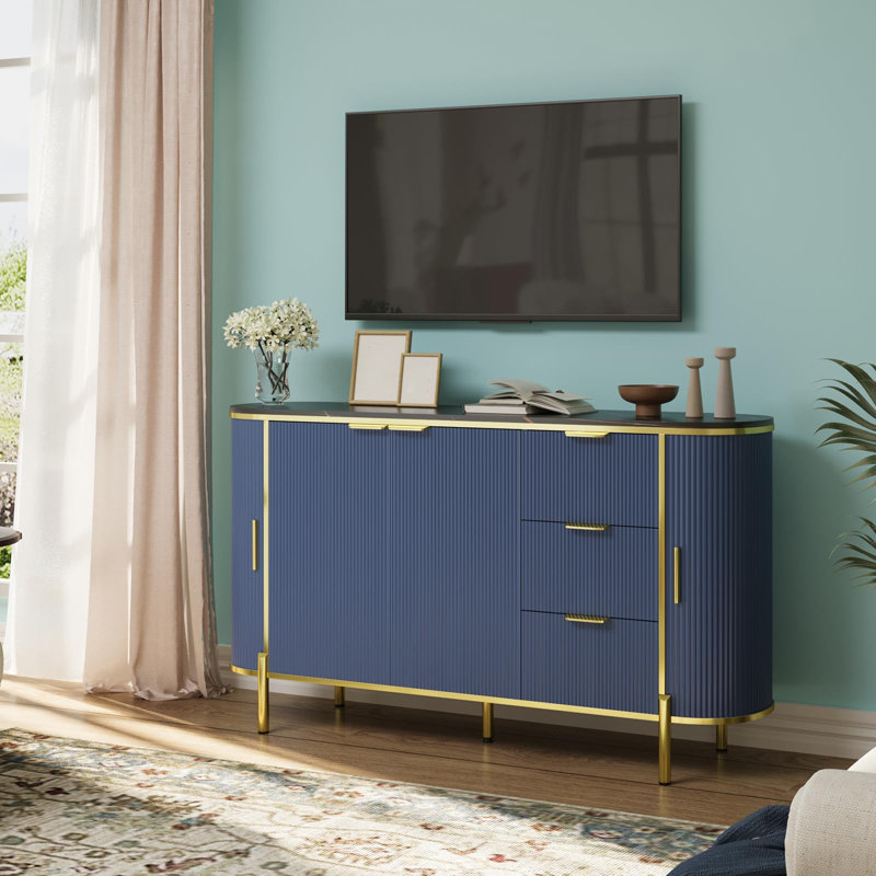 59" Sideboard Buffet Cabinet, Entryway Coffee Bar Cabinet with Faux Marble Top, Wooden Floor Cupboard with 3 Drawers, Media Console Table, Blue