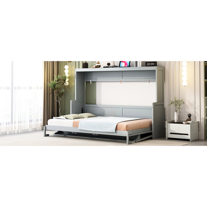 Gray Queen Size Bed With Hydraulic Lift And Desk Setup, Space - Saving For Multifunctional Areas, 600 Lbs Capacity Frame, Built In Mattress Storage, 10 Inch Good Sleep Folding Mechanism, Small Living