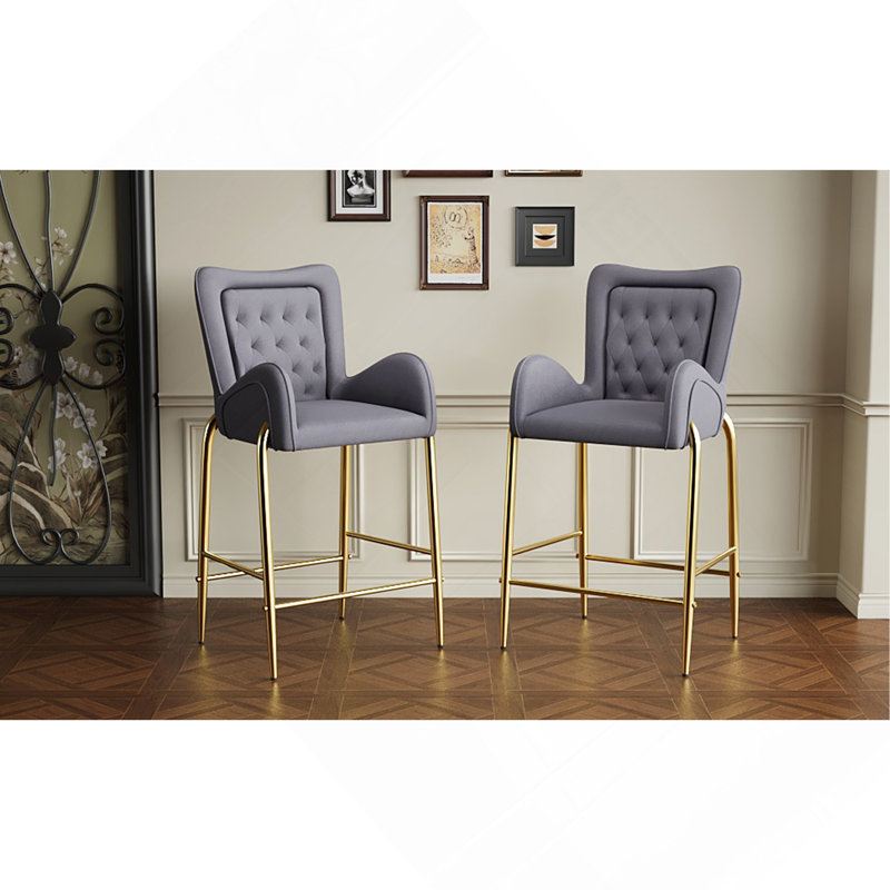 28.75Inch Counter Height Bar Stools Set Of 2, Bar Height Arm Chairs, Velvet Fabric Stools With Golden Legs And Footrests,Gray