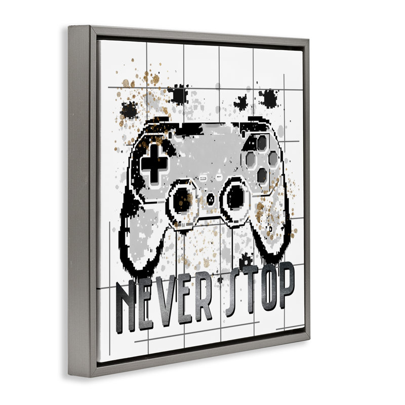 Cadre flottant Never Stop Pixel Gamer, design par Kim Allen, H 18 po x l 18 po, Cadre flottant gris lustré