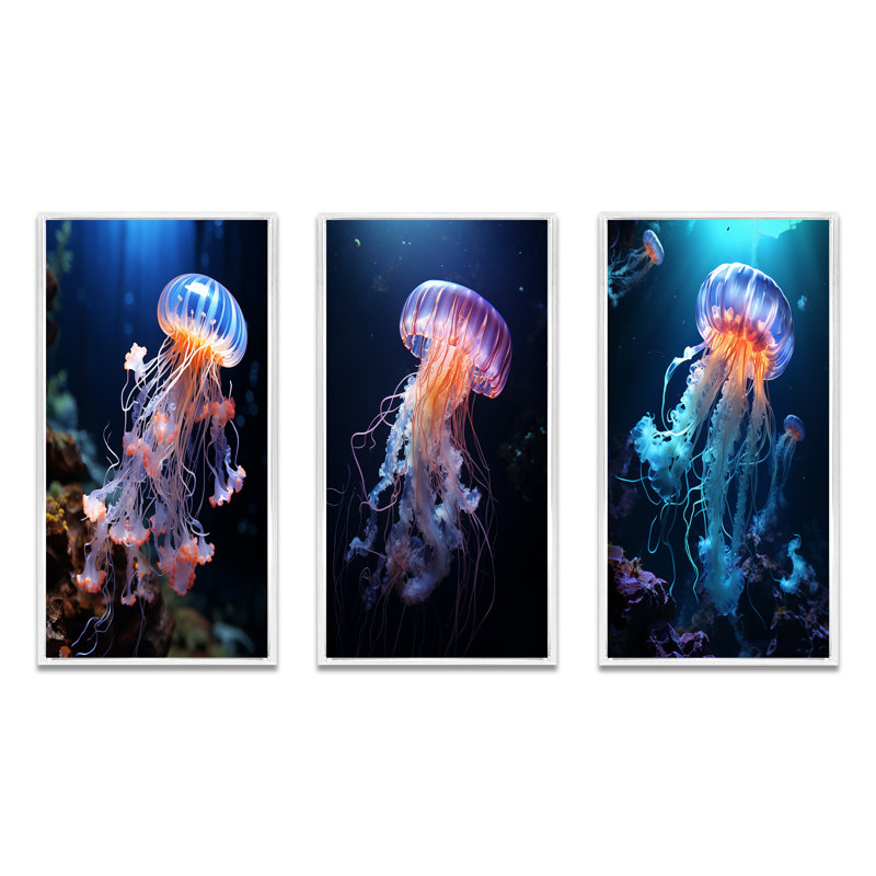 «Jellyfish Luminescent Beauty», 3 pièces sur toile, Cadre blanc, H 28 po x l 36 po