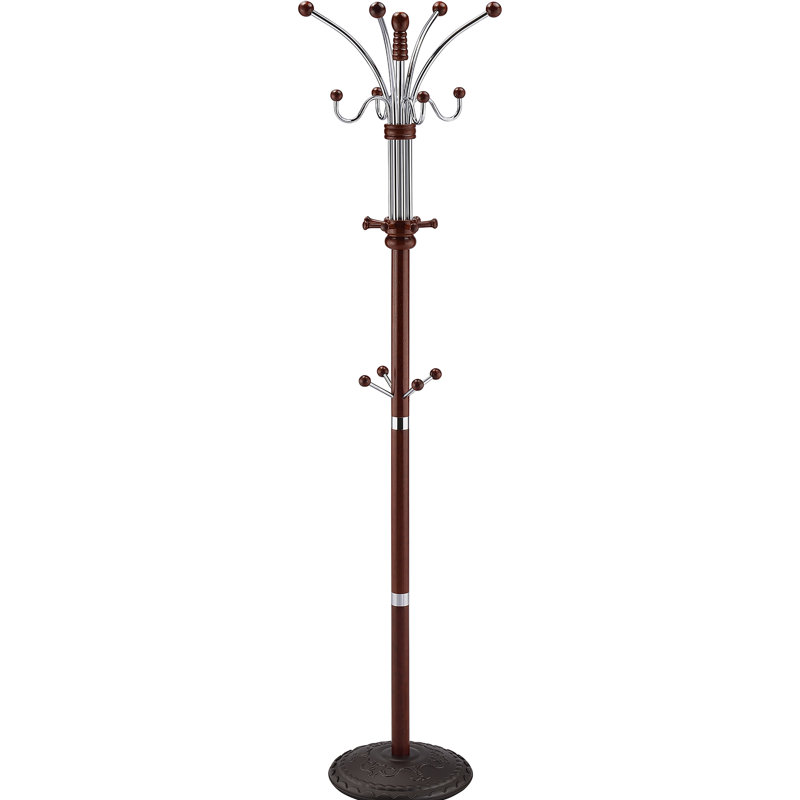 Tall Chrome and Wood Coat Rack, Cherry