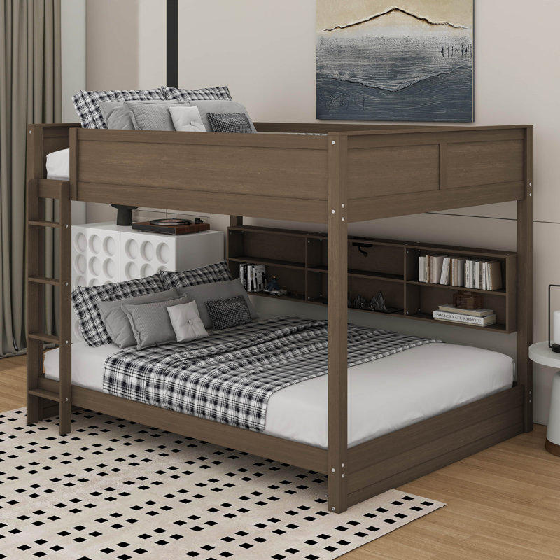 Queen Over Queen Bunk Bed With Storage Cabinets And USB Ports, Antique Wood
