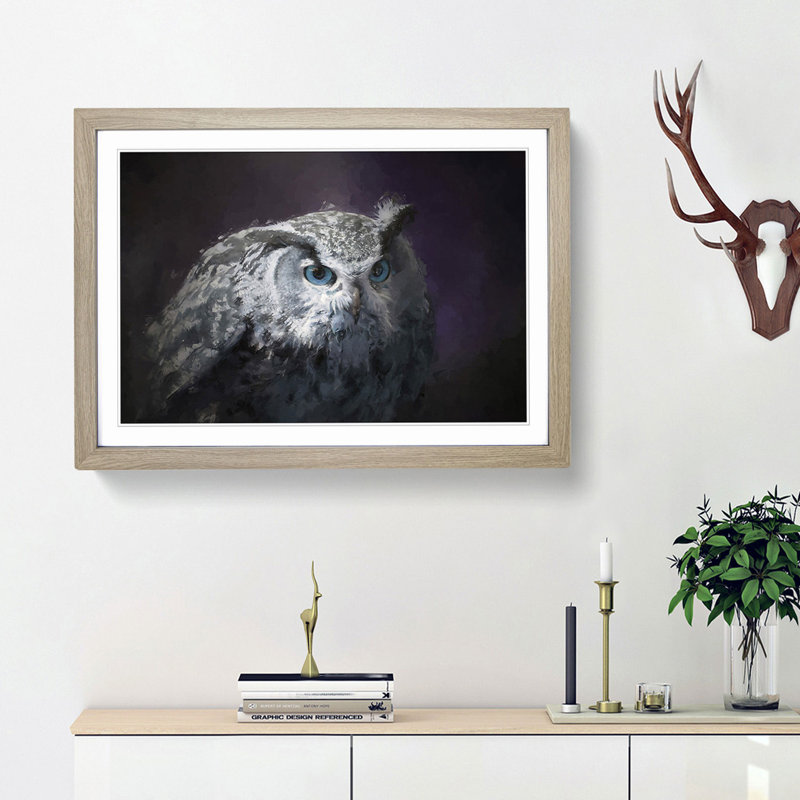 Blue Eyed Eurasian Eagle Owl in Abstract - Picture Frame Painting Print, 27cm H x 36cm W x 2cm D, Oak Framed