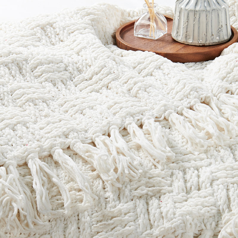 Jeté en tricot Fringe, Blanc, L 50 po x L 60 po