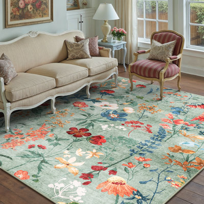 Cherry Machine Washable Floral Area Rug With Non-Slip Backing