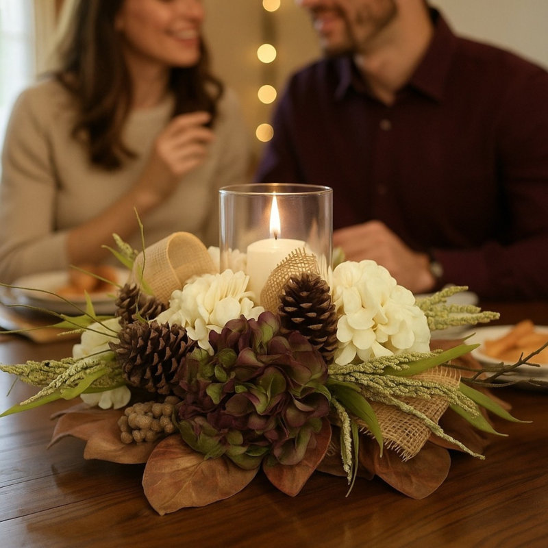 Fall Candleholder Centerpiece with Hydrangeas, Astilbe, and Pinecones, Crea/Brown/Purple