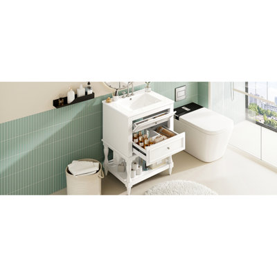 Meuble-lavabo de 24 po avec lavabo en céramique, tablette ouverte et 2 tiroirs, look de palais rétro, rangement pratique, finition évier ultrabrillant