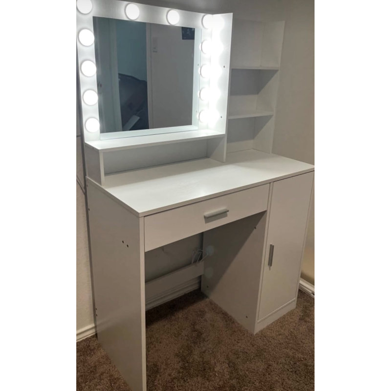 Coiffeuse avec miroir et éclairage - Trois niveaux de rangement, spacieuse, miroir de chambre, éclairage à luminosité réglable, grand tiroir de rangement, blanc