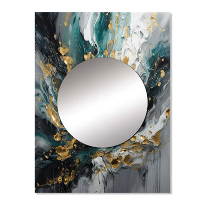 Ezrie Gold Teal Ink On Stone - Abstract Decorative Mirror, Gold Wall Mirror, Printed Metal Art