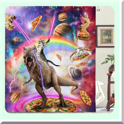 Galactic Cat Adventure Shower Curtain - Cool Cat Riding Dinosaur in Space, Fun and Hilarious Anime Design for Kids' Bathroom, with 12 Hooks