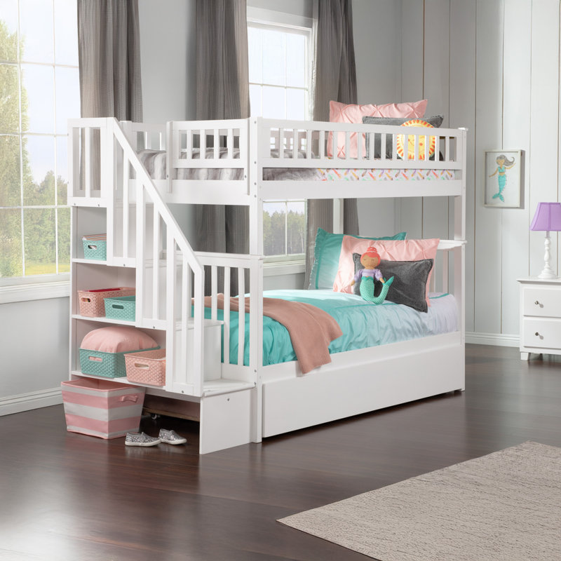 Ilariana Wood Bunk Bed with Staircase and Trundle, White, Twin Over Twin