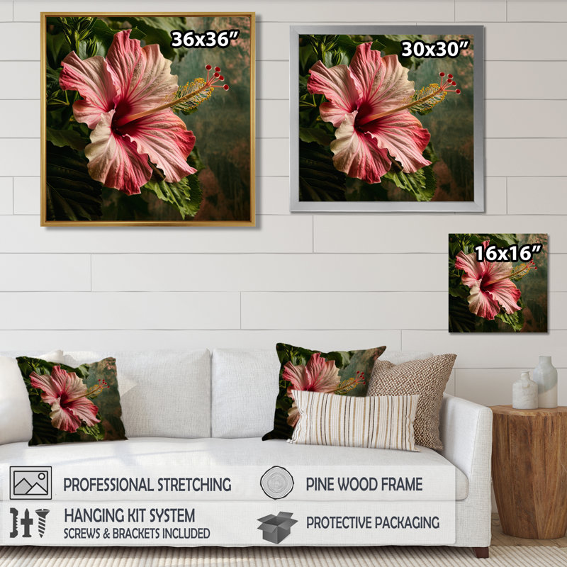 Hibiscus fleur tropicale en gros plan dans la nature - Hibiscus Wall Art Decor, Cadre flottant doré, bois massif