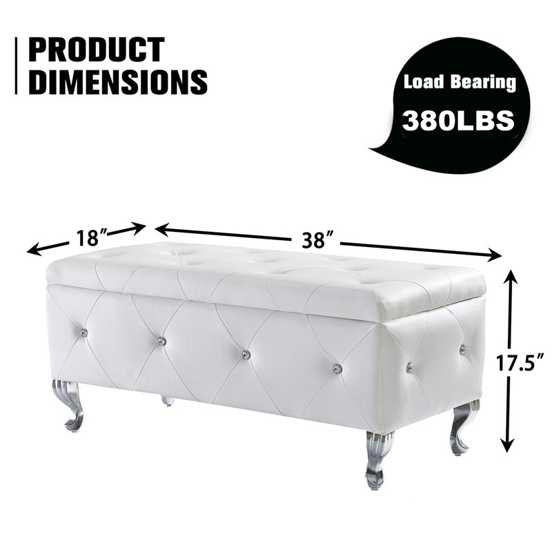 Upholstered Storage Ottoman Bench For Bedroom End Of Bed Faux Leather Rectangular Storage Benches Footrest With Crystal Buttons For Living Room Entryway (Silver)