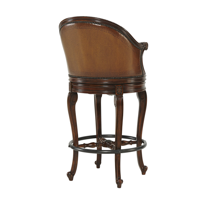 Brown Leather Swivel Counter Stool with Wood Frame