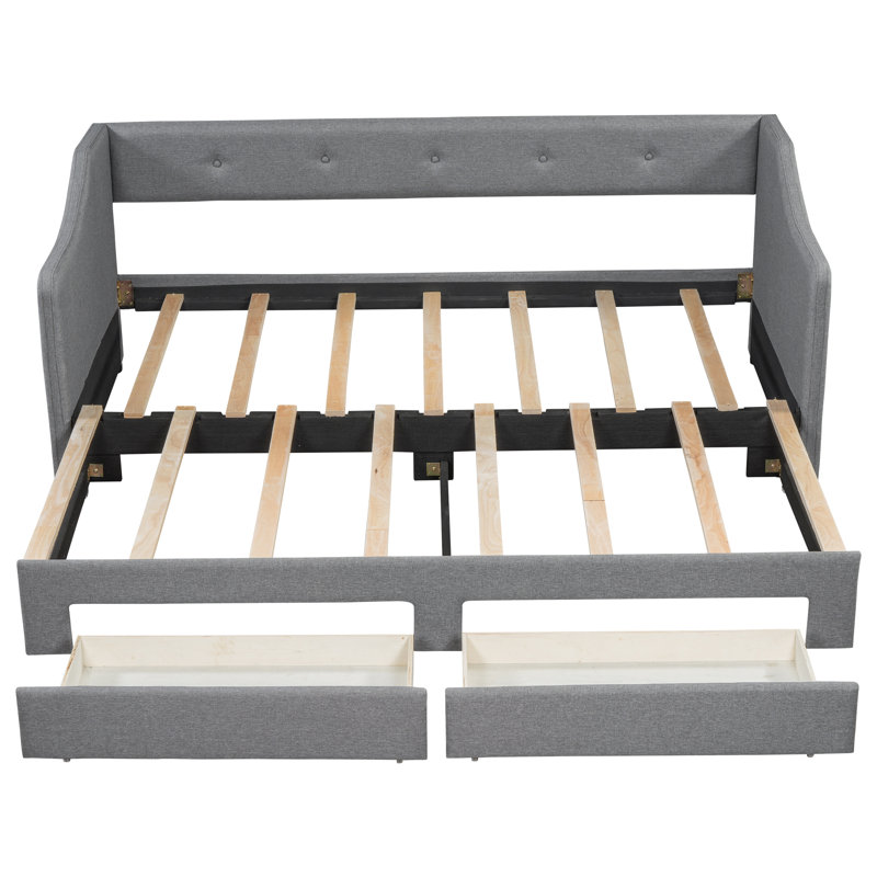Twin XL to King Size Upholstered Daybed with Two Drawers, Gray, Gray