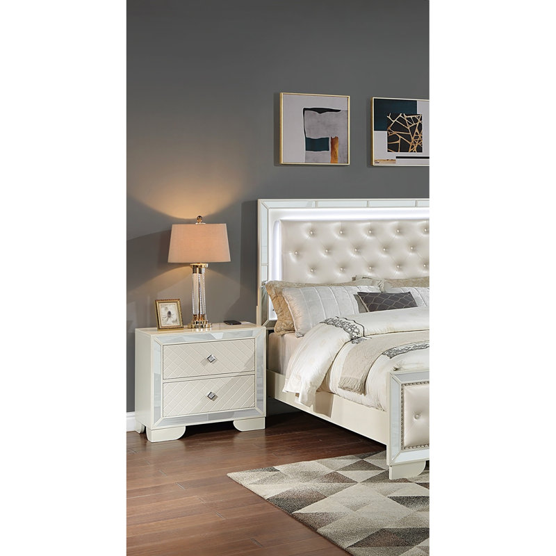 Table de chevet classique Classic Luxury Look avec 2 tiroirs, chargement sans fil et plateau en bois
