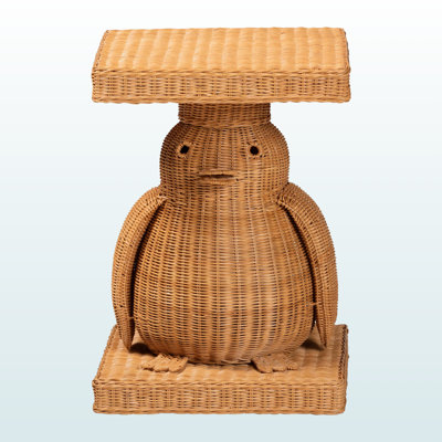 Andrius Handwoven Rattan Penguin-Shaped Sculptural Side Table With Solid Platform Base