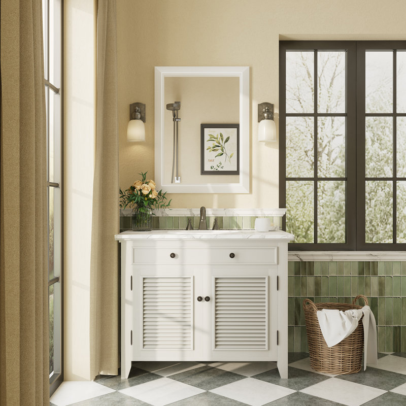 Amara Tempered Glass and Aluminum Alloy Framed French Cleat Mounted Wall Mirror, Matte White, 32" x 24"