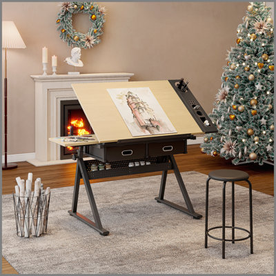 Adjustable Drawing Drafting Table with 2 Drawers and Stool, Ideal for Home Office and School Use, Maple Finish