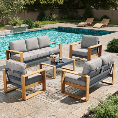 Modern Aluminum 5-piece Patio Conversation Set With Coffee Table, Outdoor All Weather Furniture Set