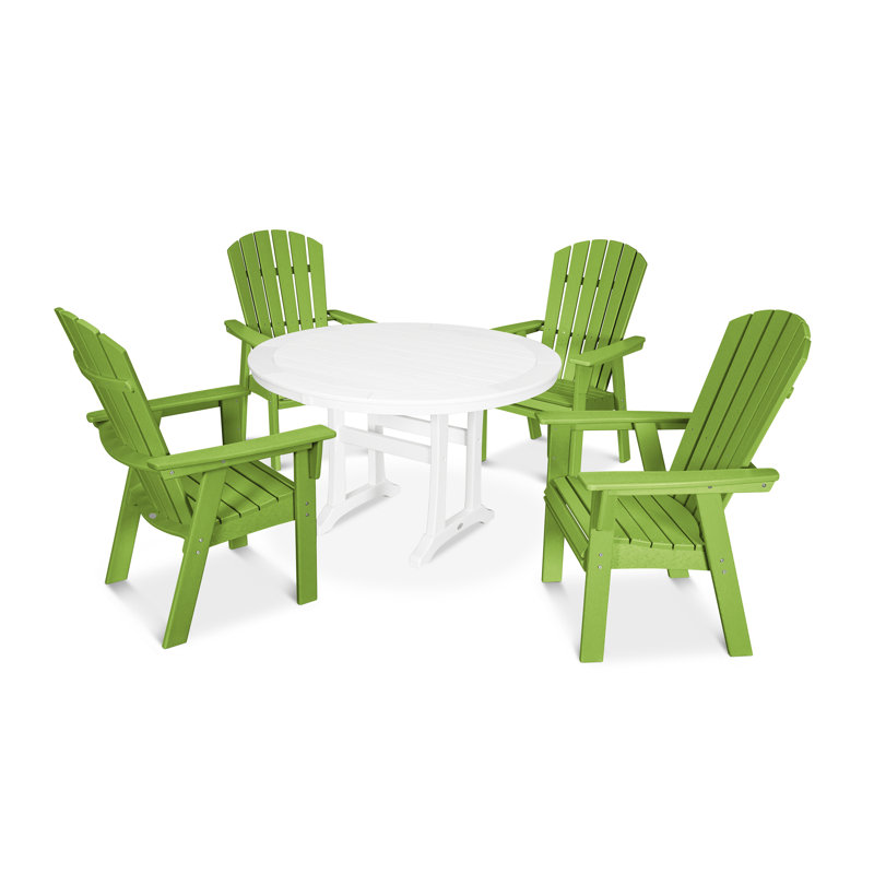 POLYWOOD Nautical Curveback Adirondack 5-Piece Round Dining Set with Trestle Legs, Lime/White