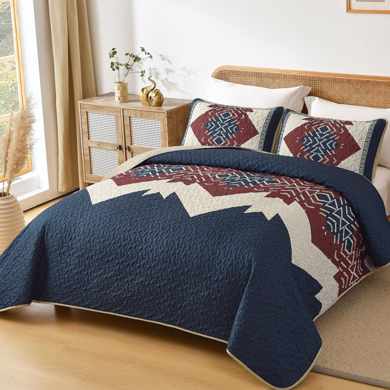 3-Piece Boho Aztec Western Quilt Set Textured Bedspread Coverlet with Pillowcases for All Seasons, Blue/Red