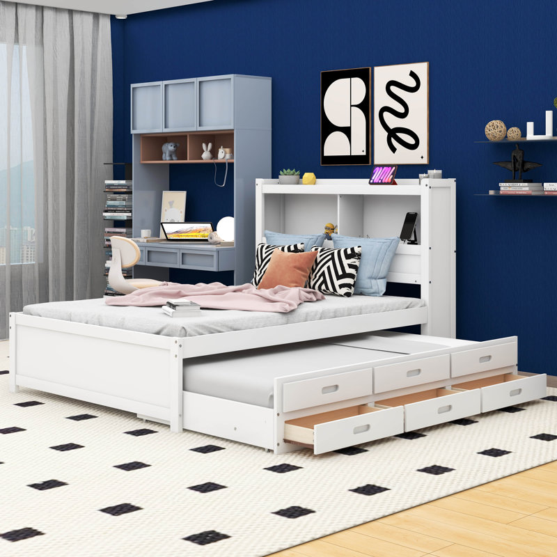 Bookcase Full Size Bed with Trundle, Drawers and USB Plugs, White