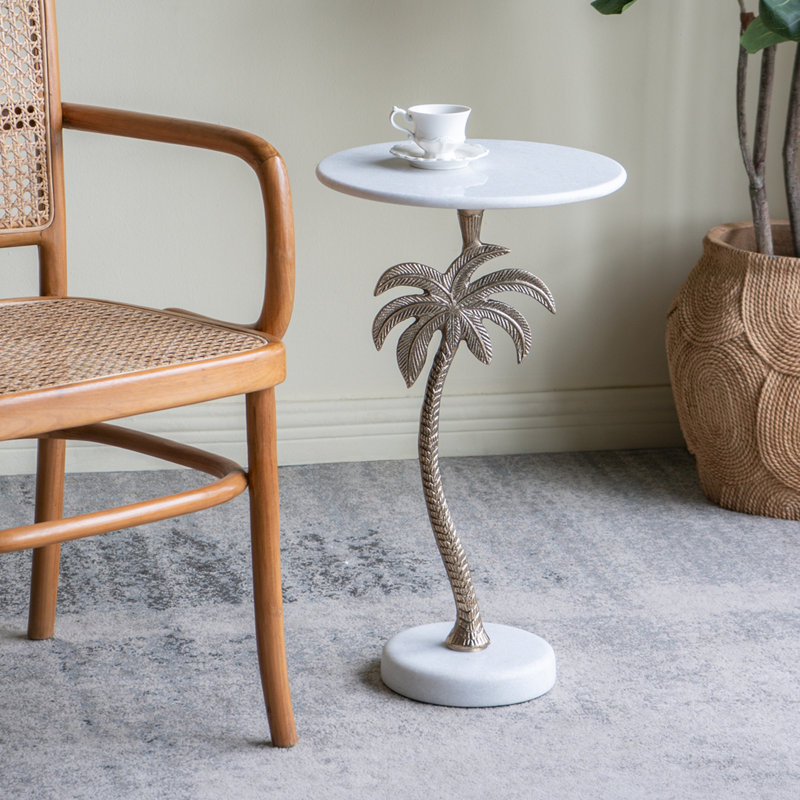 Table d'appoint ronde avec plateau en marbre blanc et palmier doré