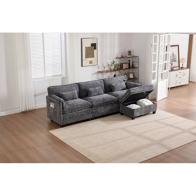 Canapé modulaire surdimensionné de 112 po pour le salon, canapé-lit modulaire en L en chenille de 112 po, canapé-lit modulaire confortable avec repose-pieds à rangement mobile, support pour téléphone, port de charge USB