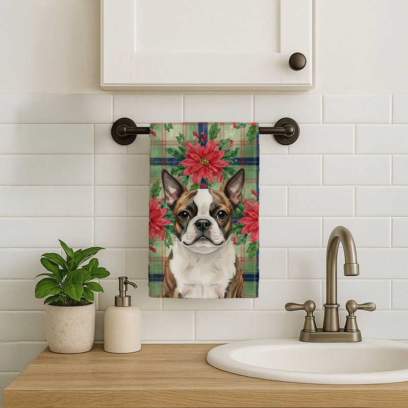 Brindle Boston Terrier Christmas PoinsettIas Kitchen Towel, Brindle Boston Terrier
