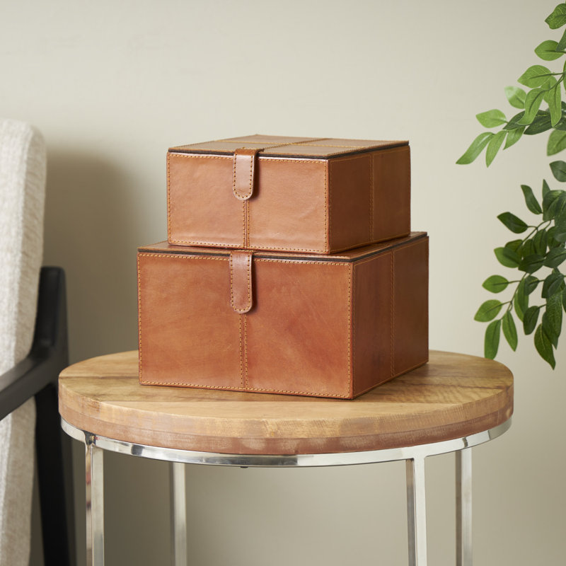 Brownsburg 2 Piece Handmade Faux Leather Decorative Box Set, 6.05" H x 10.15" W x 9.9" L, Cognac Brown