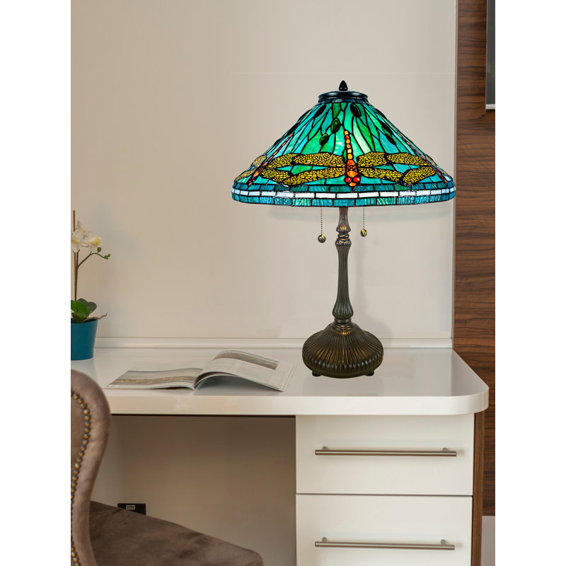 Sonata Dragonfly 26.5" Antique Bronze Table Lamp with Azure Blue Stained Glass