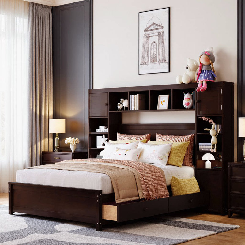 Lit double en bois avec rangement et armoire tout-en-un, Lit double, Espresso