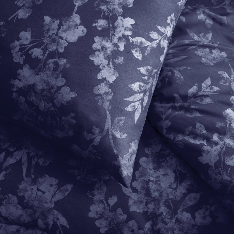 Wonderful Botanical Floral 7 Piece Comforter Set, Deep Navy Blue, King