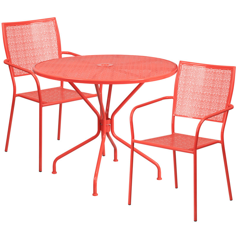Meranda 35.25'' Round Indoor-Outdoor Steel Patio Table Set with 2 Square Back Chairs, Coral