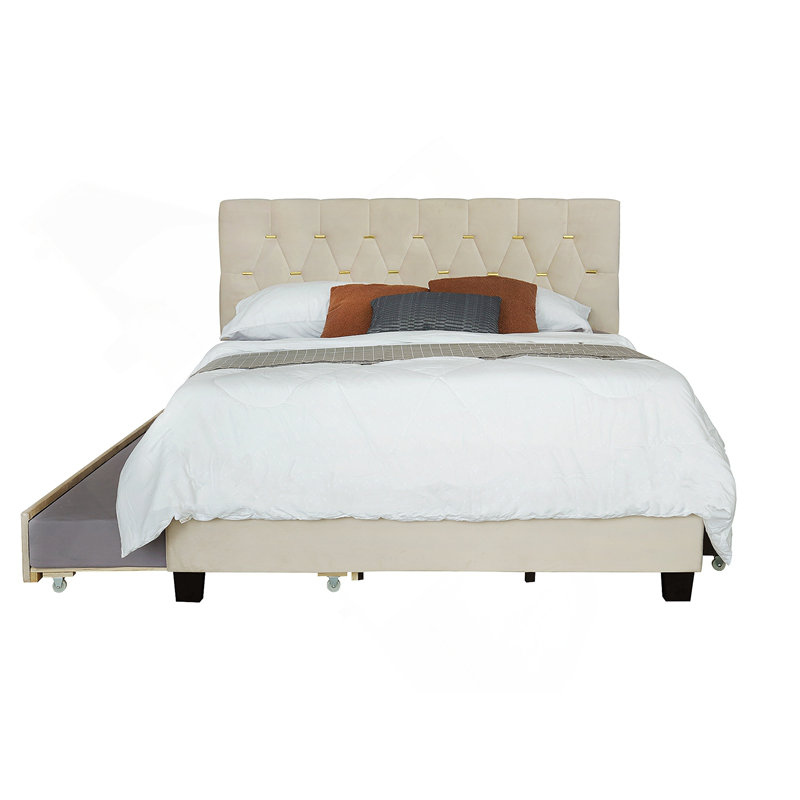 Grand lit moderne en velours avec lit gigogne double et 2 tiroirs de rangement - beige